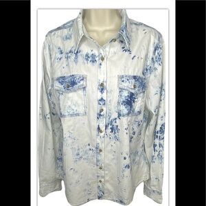 Vanilla Star Tie-Dye Splattered Button Up Shirt Top L Blue White Long Sleeves